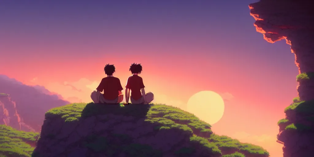 Image similar to a couple sitting over the precipice, looking at sunset, studio ghibli, pixar and disney animation, sharp, rendered in unreal engine 5, anime key art by greg rutkowski, bloom, dramatic lighting