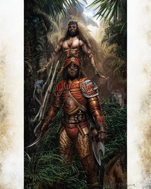 Prompt: ultrarealistic illustration of conquistador, symmetrical, by daniel zrom and nicola saviori, jungle background, detailed