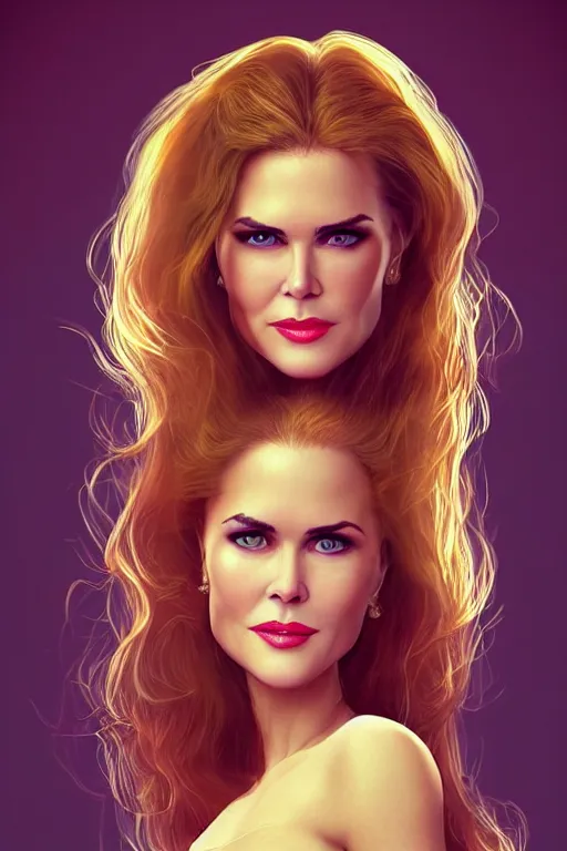 Image similar to mix of beautiful young maria shriver, mariel hemmingway, brooke shields, nicole kidman and elle macpherson as a snake girl with fangs, thin lips, hair tied up in a pony tail, dark blonde hair, colorful, artstation, cgsociety