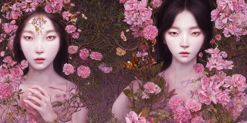 Image similar to breathtaking detailed weird concept art painting of the goddess of light pink flowers, orthodox saint, with anxious, piercing eyes, ornate background, amalgamation of leaves and flowers, by Hsiao-Ron Cheng, James jean, Miho Hirano, Hayao Miyazaki, extremely moody lighting, 8K