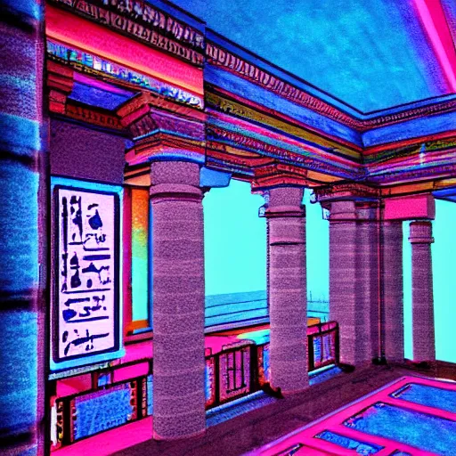 Image similar to a ancient egypt palace covered with blue and pink neons, retrowave art, trending on art station