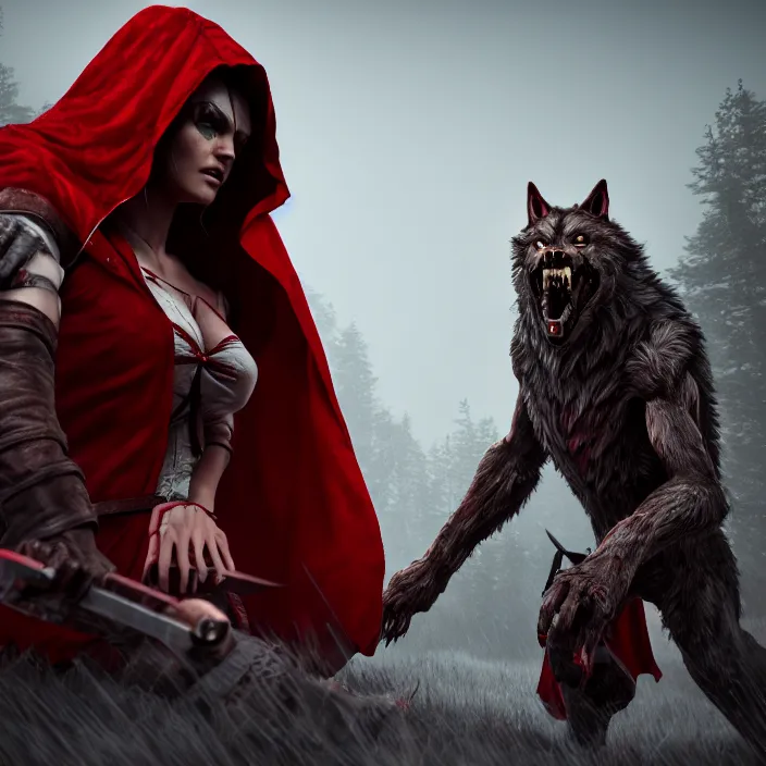 Prompt: beautiful red riding hood warrior confronting a werewolf ,highly detailed, 8k, HDR, award-winning, trending on artstation, octane render