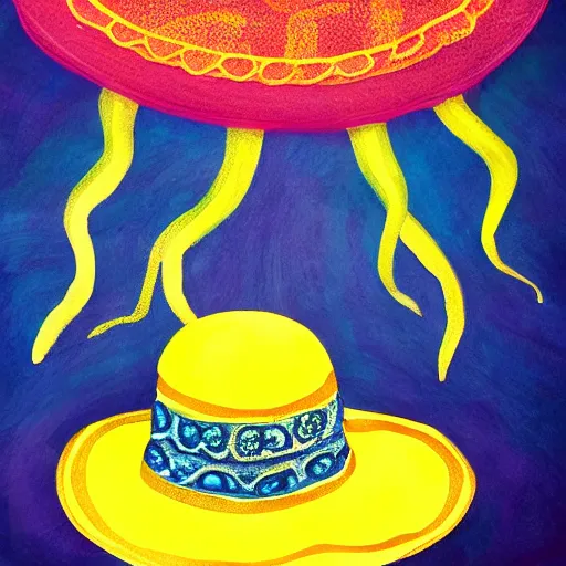 Image similar to jellyfish wearing a sombrero, expressionism, disco lighting