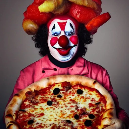 Image similar to clown dressed up as a pizza, clowcore, michelin star food, clowncore funhouse, photo by annie leibowitz