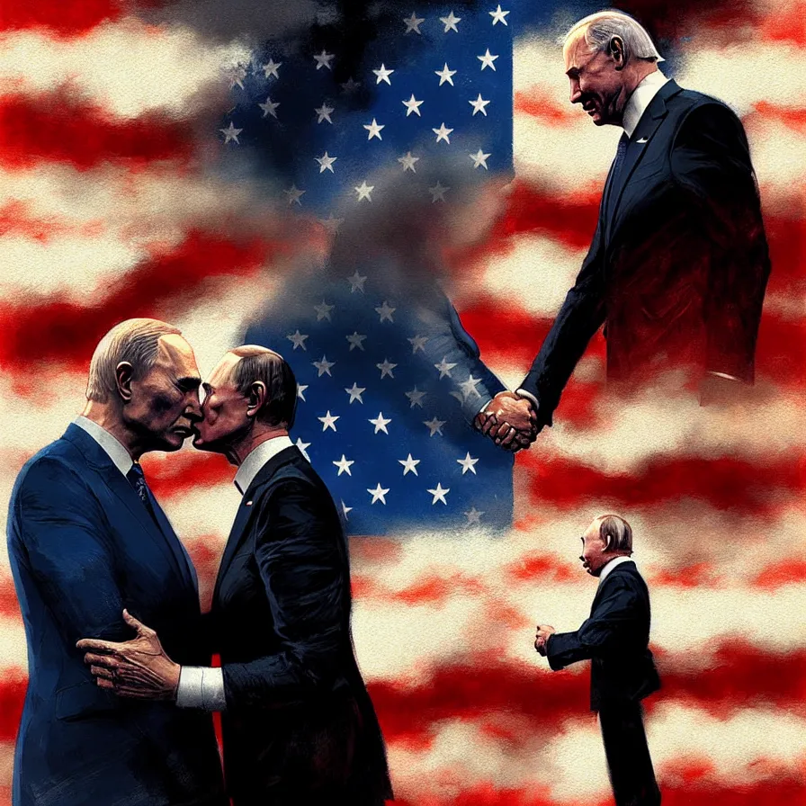 Prompt: putin kisses biden, detailed digital art by greg rutkowski.