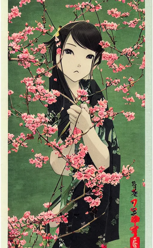 Prompt: by akio watanabe, manga art, a girl and blossoming blackthorn branch, trading card front, kimono, realistic anatomy, sun in the background