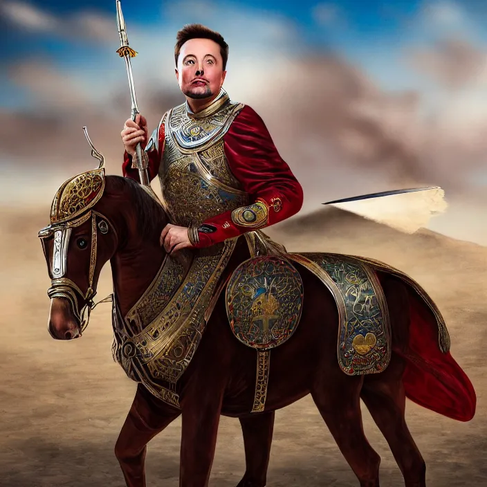 Image similar to full length photo of elon musk as an ottoman warrior, highly detailed, 4 k, hdr, smooth, sharp focus, high resolution, award - winning photo