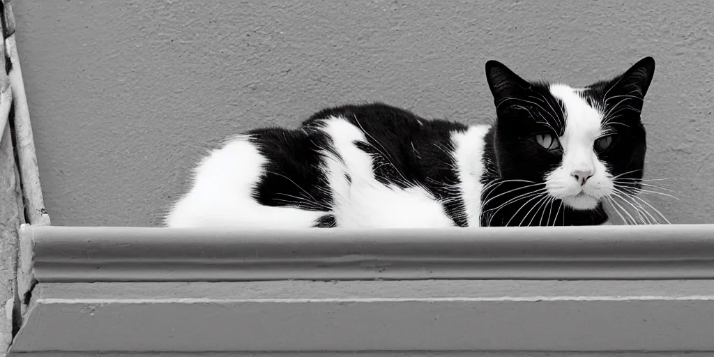 Prompt: black and white cat laying on the balcony, summer