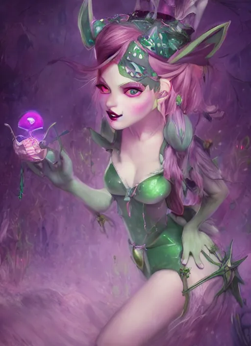 Image similar to lulu fairy witch with green eyes, from league of legends, au naturel, hyper detailed, digital art, trending in artstation, cinematic lighting, studio quality, smooth render, fluorescent skin, unreal engine 5 rendered, octane rendered, art style by klimt and nixeu and ian sprigger and wlop and krenz cushart