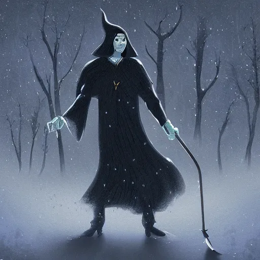 Prompt: wizard, dark, flying on the broom, front view, trees, snowing, digital art