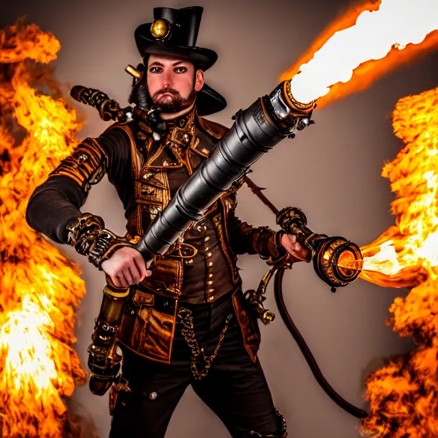 Prompt: full length photo of a steampunk warrior with a flamethrower, 8 k, hdr, smooth, sharp focus, high resolution, award - winning photo