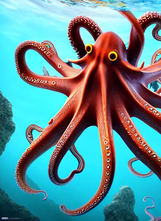 Image similar to detailed image of trident octopus's hunting, kid snorkeling, very coherent symmetrical artwork, cinematic, hyper realism, high detail, octane render, unreal engine, 8k, full body character drawing, clean ink detailed line drawing, intricate detail, extremely detailed.