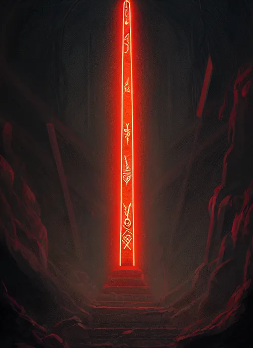 Image similar to portrait of a profane obelisk, evil altar, glowing evil runes, intricate, elegant, deep dark lighting, moody, atmospheric, grim dark, highly detailed, digital painting, artstation, concept art, smooth, sharp focus, illustration, art by wlop, mars ravelo and greg rutkowski