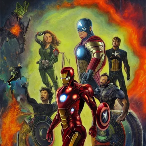 Prompt: the avengers movie poster in the style of esao andrews, oil painting