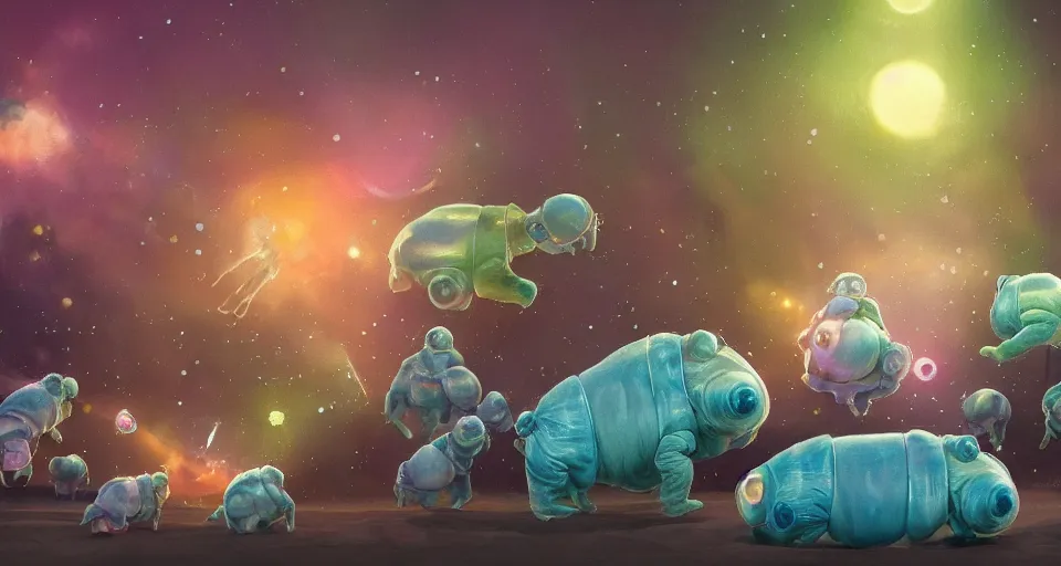 Image similar to tardigrades at a microscopic carnival, beautiful, soft lighting, story book, artstation,