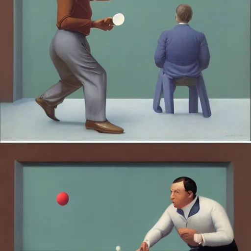 Image similar to a man playing ping pong against 3 other men by Raphael, Hopper, and Rene Magritte. detailed, romantic, enchanting, trending on artstation.