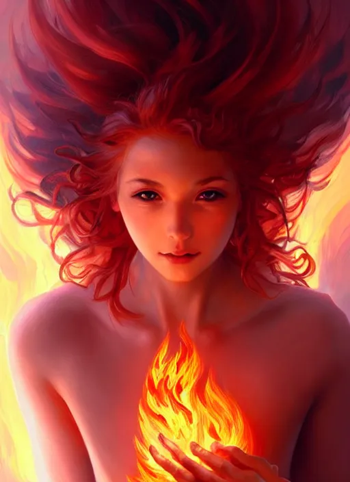 Prompt: a cute fire elemental, with fingers and hair turning into flames, fantasy, intricate, elegant, highly detailed, digital painting, artstation, concept art, wallpaper, smooth, sharp focus, illustration, art by artgerm and greg rutkowski and alphonse mucha