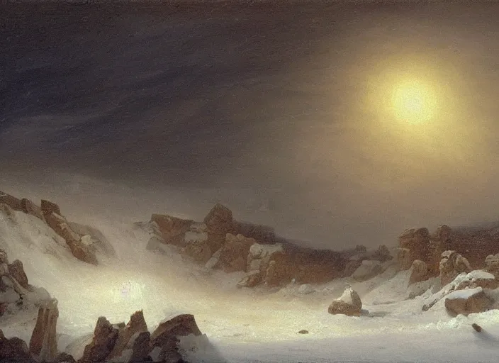 Image similar to earth after the cretaceous – paleogene extinction event, a harsh winter cools down the earth, blizzards envelop the lands and barely any sunlight gets through the thick dust clouds, in the style of hudson river school of art, oil on canvas