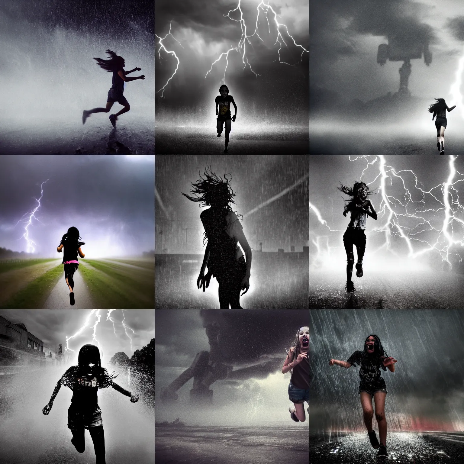 Prompt: apocalyptic photograph of a screaming teenage girl facing toward the camera in torn t - shirt and shorts, running in fear, wet skin, towering robot blurry in the background, atmospheric, rain, black smoke and lightning