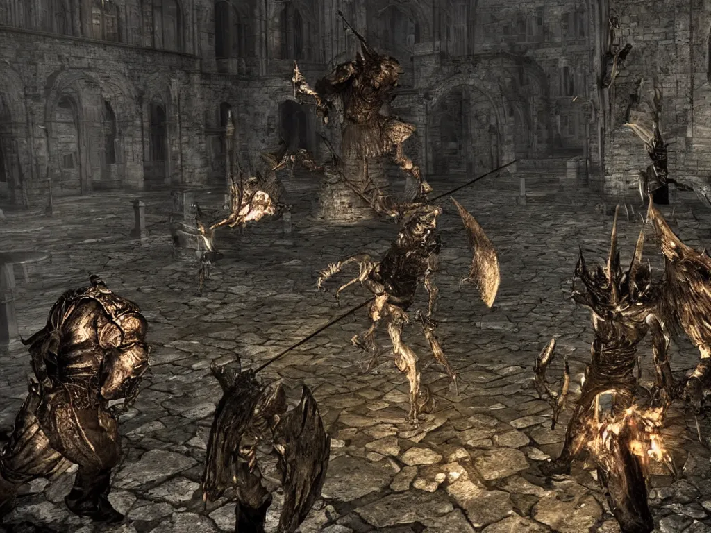 Image similar to Demon Souls Dark Souls Boss fight in abandoned castle