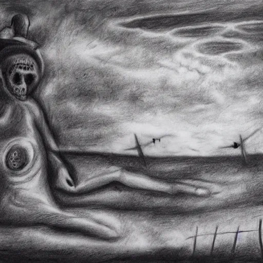 Image similar to surrealism charcoal drawing of the end of the world., horror,