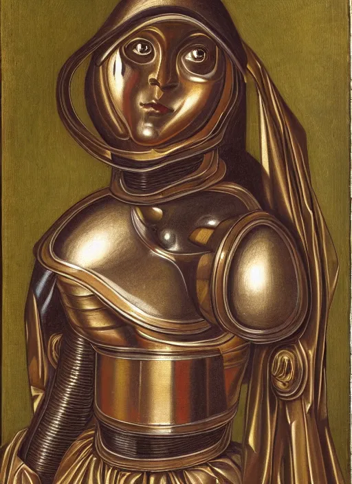 Image similar to a portrait of a shiny metallic renaissance robot, in the style of Jan van Eyck,