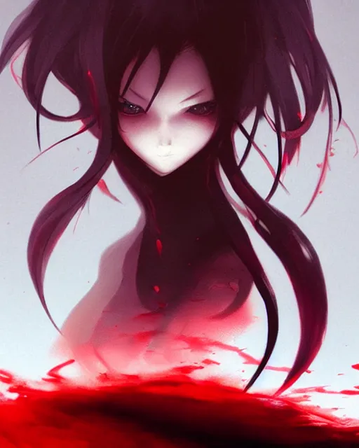 Prompt: vampire girl with wavy black hair wearing red, ominous dark background, ink, ilya kuvshinov, guweiz, svetlana tigai, greg rutkowski, studio trigger, ross tran, loish, anime