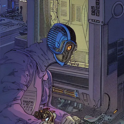 Image similar to Ghost in the machine by Moebius, cyberpunk, masterpiece