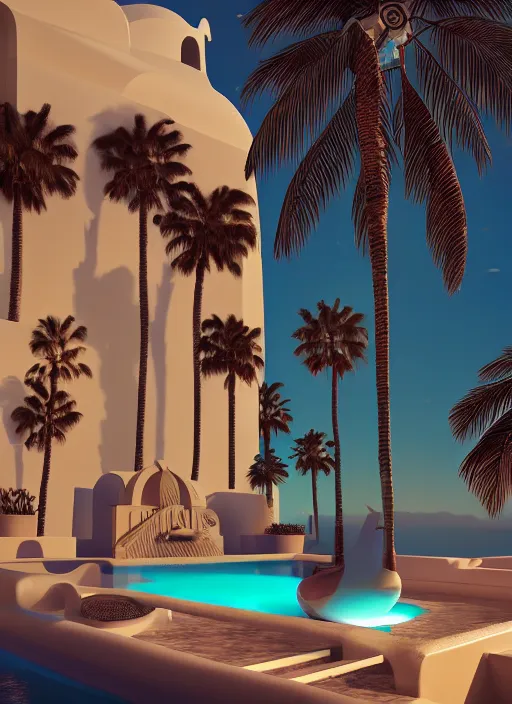 Prompt: ✈, Art Deco, in SANTORINI island, palm trees, crystal clear neon water, starry night, Trending artstation, octane render, cgsociety, surrealist, cinematic, shadow of the tomb rider