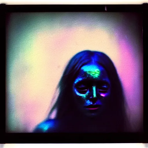 Prompt: grainy color polaroid of a beautiful feminine alien with thick black sludge seeping from her eyes, screaming while being consumed by darkness, iridescent eyes, dreamlike, intricate detail, sigma 85mm f/1.4, 4k, hd