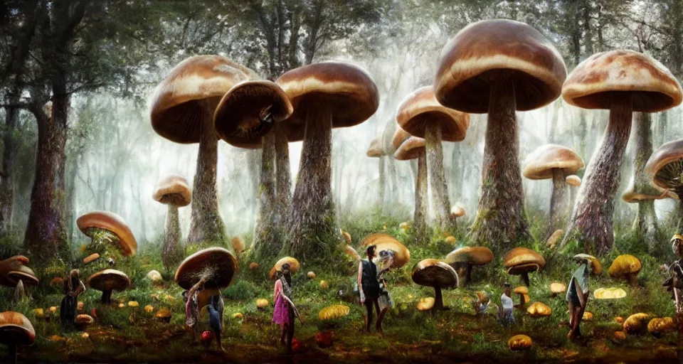 Image similar to A tribal village in a forest of giant mushrooms, by Rob Hefferan