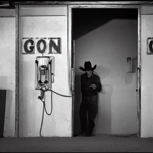 Image similar to a cowboy going through the door of an old gas station, Joshua Tree Park, dust flying, cinematography by Roger Deakins in cinemascope