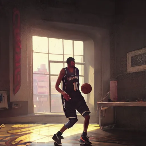 Image similar to highly detailed basketball player, in gta v, stephen bliss, unreal engine, fantasy art by greg rutkowski, loish, rhads, ferdinand knab, makoto shinkai and lois van baarle, ilya kuvshinov, rossdraws, tom bagshaw, global illumination, radiant light, detailed and intricate environment