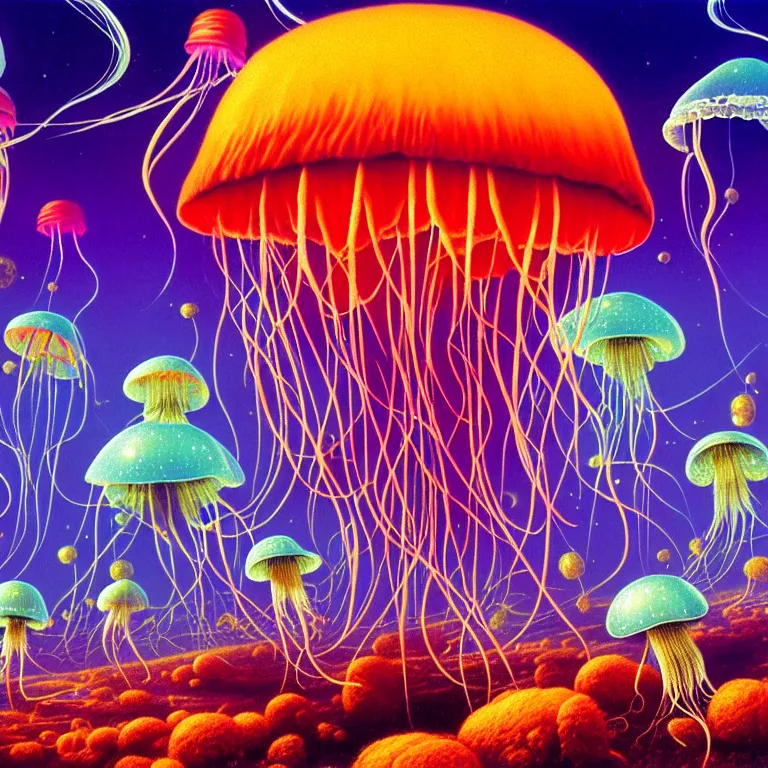 Image similar to mystical jellyfish and shimmering mushroom, volcano valley, bright neon colors, highly detailed, cinematic, tim white, michael whelan, roger dean, bob eggleton, philippe druillet, vladimir kush, kubrick, haeckel, alfred kelsner