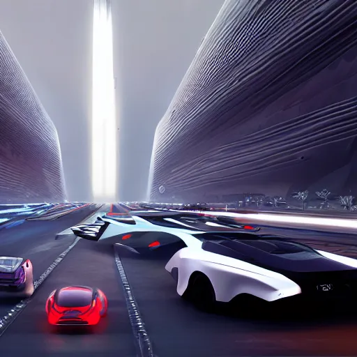 Prompt: sci-fi cars race : near wall structure on : the coronation of napoleon painting : and digital billboard in the middle, in style of zaha hadid, suprematism composition, unreal engine 5, keyshot, octane, artstation trending, in lighting of blade runner 2049, ultra high detail, ultra photo realistic, 8k, 16k, in plastic, dark, tilt shift,