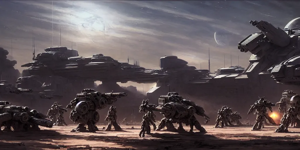 Prompt: hyper realistic sci - fi matte concept art painting of epic cinematic battle between a variety of mechwarriors and soldiers fighting on mercury with solar panels in background, guns, brightly lit!, beautiful details, strong composition painted by kim jung guweta studio rutkowski, james gurney and greg rutkowski, and lucasfilm, smooth, intricate, detailed, sharp focus, cinematic