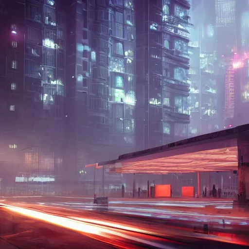 Image similar to inside a realistic, 4 k, octane render, raindrop, a dystopian futuristic city with heavy smog and tall buildings with neon signs and video billboards, dimly lit by the sun. diffused lighting, highly detailed digital art, trending on artstation