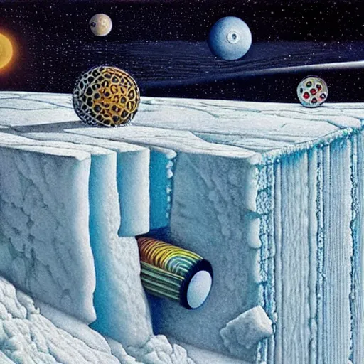 Image similar to codex seraphinianus of the flat earth model surrounded by a ice wall and firmament