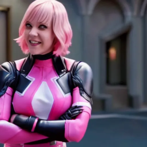 Prompt: A still of Gwenpool in Deadpool 3 (2023), blonde hair with pink highlights, no mask, white and light-pink outfit, smiling and winking at the camera