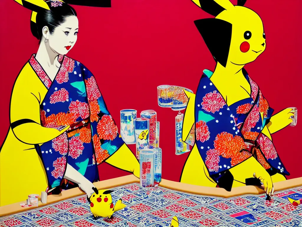 Image similar to hyperrealism composition of the detailed woman in a japanese kimono sitting at a poker table with pikachu, fireworks on the background, pop - art style, jacky tsai style, andy warhol style, acrylic on canvas