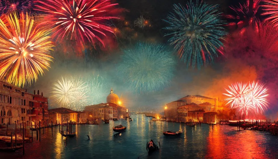 Image similar to Digital painting of fireworks in Venice by night, wide view, volumetric light, hyperdetailed, artstation, cgsociety, 8k