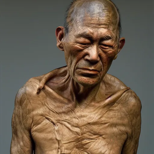 Image similar to hyperrealistic sculpture of a fossilized bronze chinese prisoner by ron mueck and duane hanson and lee bontecou and elizabeth frink, patina, hyperrealistic dramatic colored lighting trending on artstation 8 k