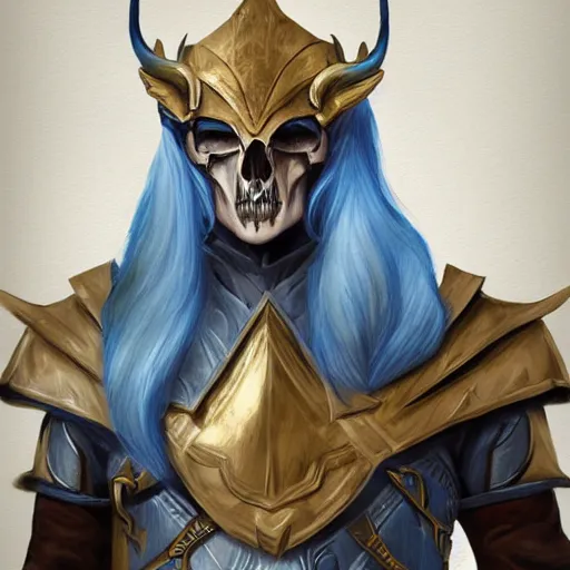 Image similar to Concept art of male high elf with light blue hair, black leather armor, golden eagle skull on chest, by Naranbaatar Ganbold, trending on artstation