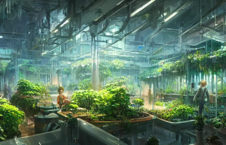 Image similar to concept art of a lush indoor hydroponics lab in a far - future utopian city, key visual, ambient lighting, highly detailed, digital painting, artstation, concept art, sharp focus, by makoto shinkai and akihiko yoshida and hidari and wlop