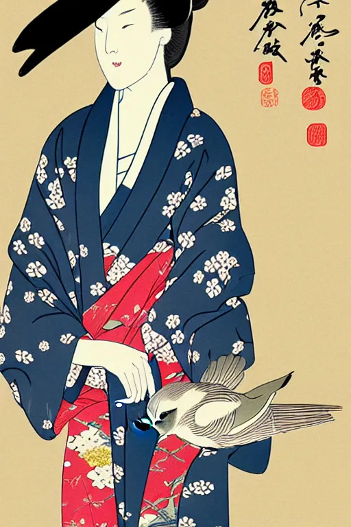 Image similar to a woman in a kimono is holding a bird, a storybook illustration by Yuumei, tumblr contest winner, ukiyo-e, tarot card, storybook illustration, digital illustration