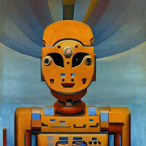 Prompt: the robot wearing her human mask, by christopher kit williams and nicholas roerich, symbolist, dramatic lighting, elaborate geometric ornament, art brut, god rays, soft cool colors, smooth, sharp focus, extremely detailed