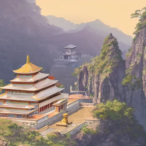 Image similar to concept art painting of a marble temple on top of a mountain, with greek and japanese architecture, overlooking a village in a valley, early morning, realistic, detailed, cel shaded, in the style of makoto shinkai and greg rutkowski and james gurney