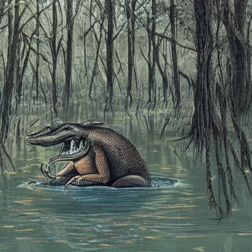 Prompt: Bunyip in a swamp. High quality.
