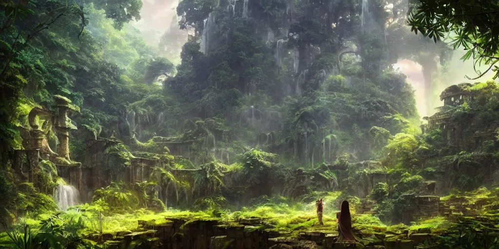 Prompt: jungle, ancient ruins, waterfall, sunset, fantasy, magical lighting, Greg Rutkowski and Studio Ghibli and Ivan Shishkin