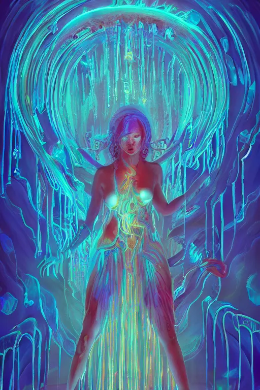 Prompt: woman in azure bioluminescent jellyfish dress standing in art deco doorway to hell sliced by a iridescent glass cracks shattering the sky, crimson clouds, Mohrbacher style , 6 billion demons style, 8k, artstation trending, high detail, vollumetric lighting, soft lighting